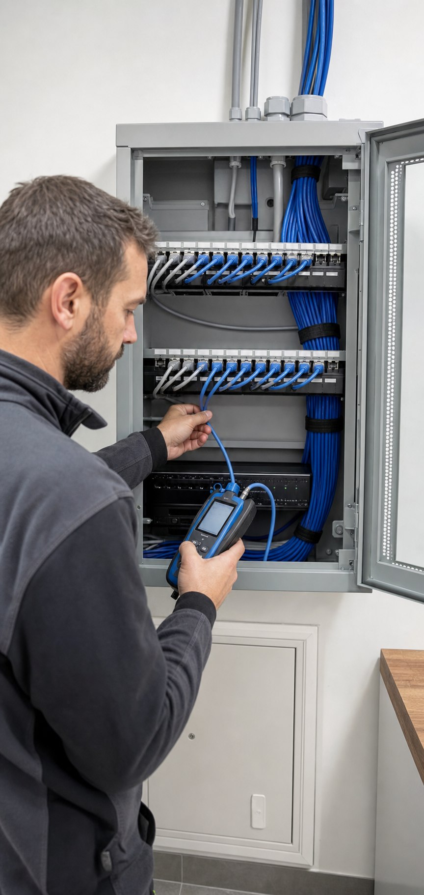 Techniker bei der Prüfung einer strukturierten Netzwerkverkabelung
